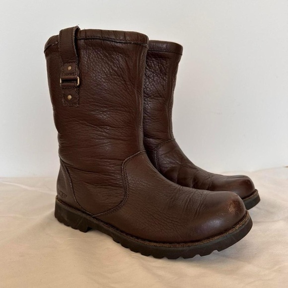 UGG Brown Leather Fleece-Lined Mid Calf boots - marked as size 4 fits like 5.5 - Picture 5 of 8
